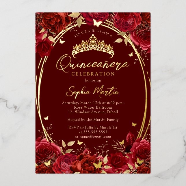 Red Gold Captivating Floral Butterfly Quinceanera Foil Invitation (Front)