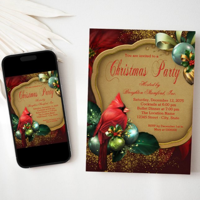 Red Gold Cardinal Corporate Christmas Party Invitation (Red gold cardinal ornaments Christmas party invitation. Available for instant download and print.)