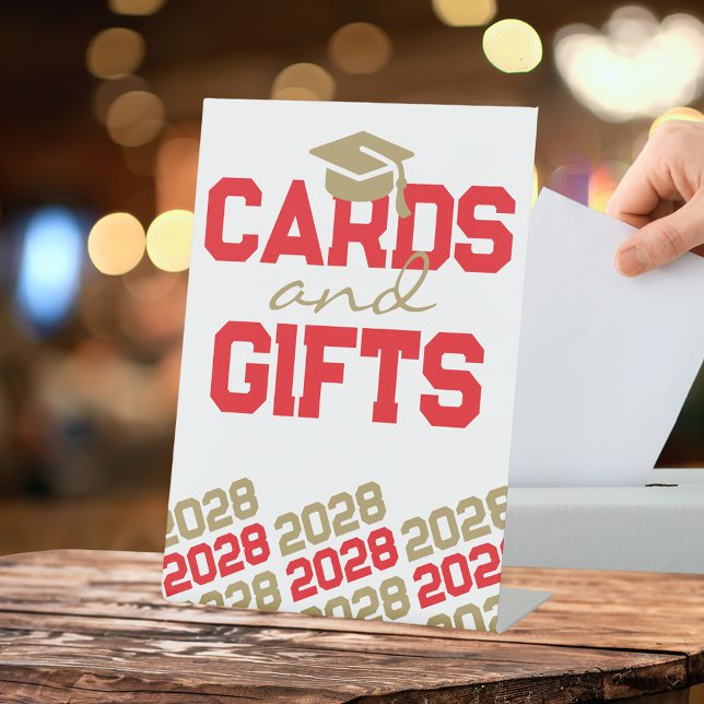 Red & Gold Cards & Gifts Graduation Table Pedestal Sign (Red and Gold Graduation Cap Class Year Cards and Gifts Table Pedestal Sign)