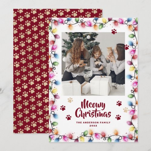 Red Gold Cat Paws Colorful Photo Meowy Holiday Card