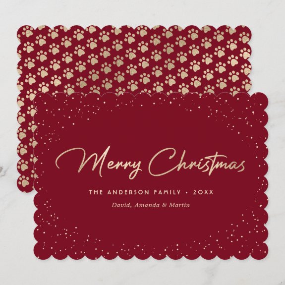 Red Gold Cat Paws Merry Christmas Card