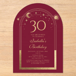 Red Gold Celestial 30th Birthday Acrylic Invitations