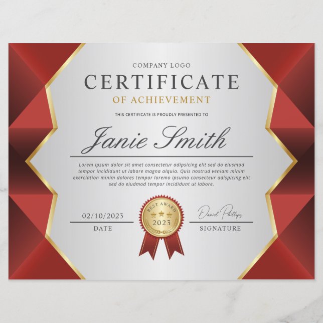 Red & Gold Certificate Of Achievement Award (Front)