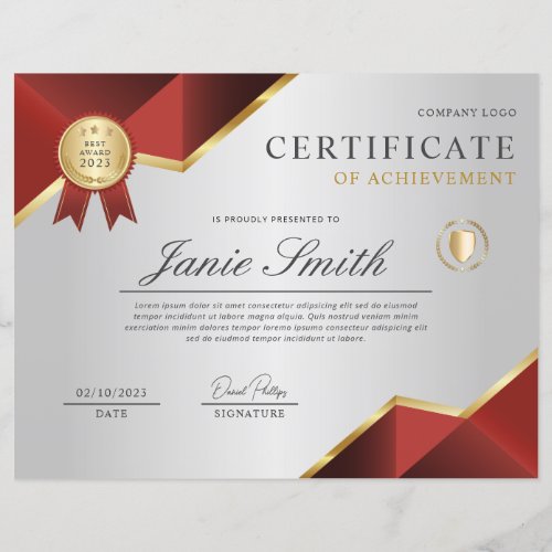 Red Gold Certificate Of Achievement Award