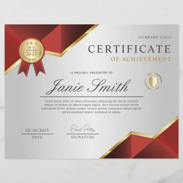 Red Gold Certificate Of Achievement Award | Zazzle