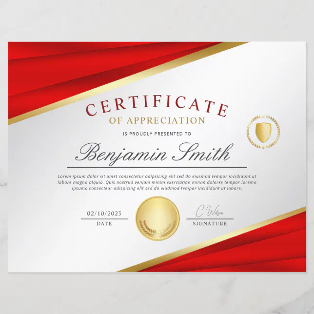 Red & Gold Certificate of Appreciation Award | Zazzle