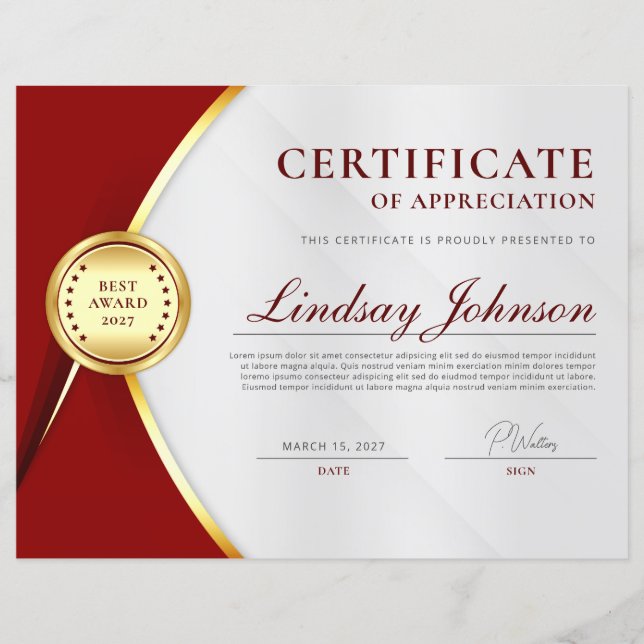 Red & Gold Certificate of Appreciation Flyer (Front)