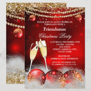 Red Gold Champagne Friendsmas Christmas Party Invitation