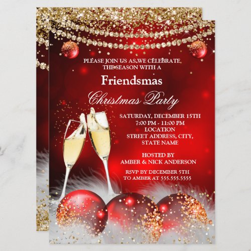 Red Gold Champagne Friendsmas Christmas Party Invitation