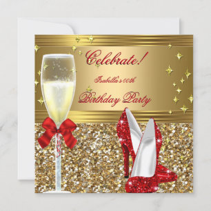 Red Gold Champagne Heels Birthday Party Invitation