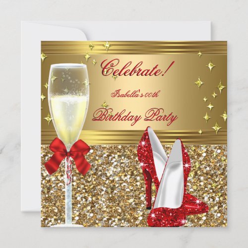 Red Gold Champagne Heels Birthday Party Invitation