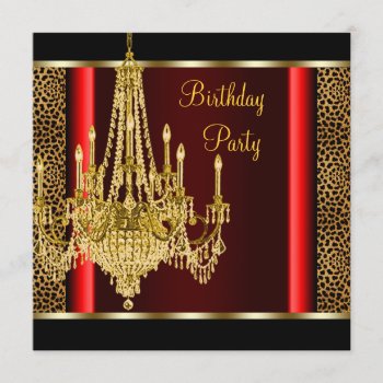 Red Gold Chandelier Leopard Birthday Party Invitation by Champagne_N_Caviar at Zazzle