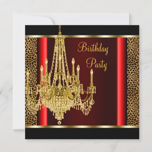 Red Gold Chandelier Leopard Birthday Party Invitation