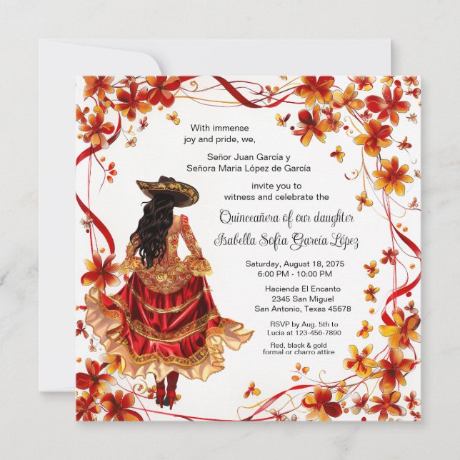 Red Gold Charra Quinceanera  Invitation (Front)