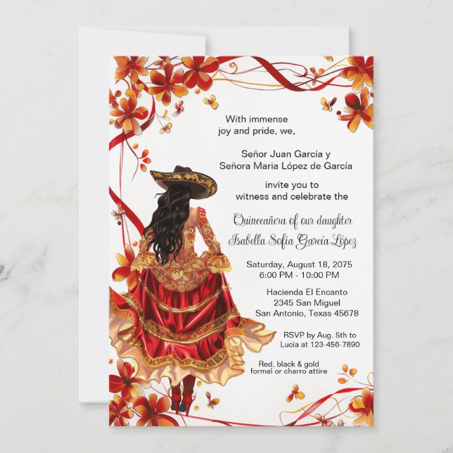 Red Gold Charra Quinceanera  Invitation (Front)