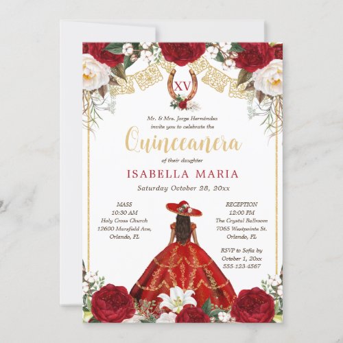 Red  Gold Charra with Photo Mexican Quinceaera Invitation