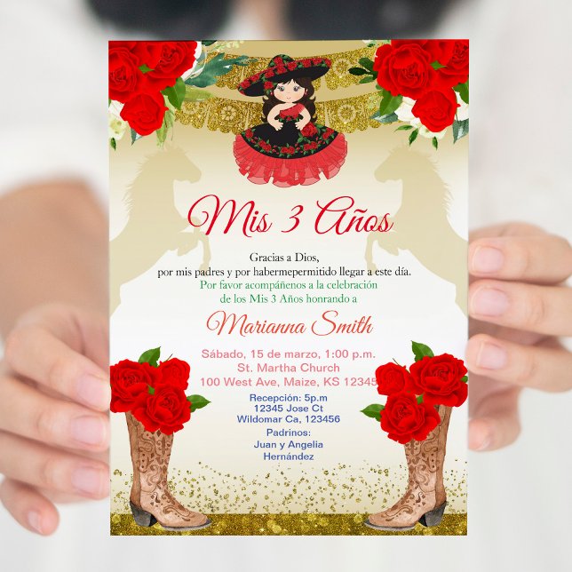 Red gold Charro Mis 3 Años 3rd Birthday Mexican Invitation (Creator Uploaded)