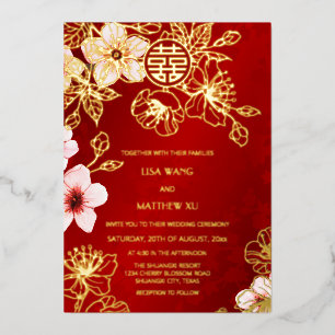 Red Gold Cherry Blossom Chinese Wedding Foil Invitation