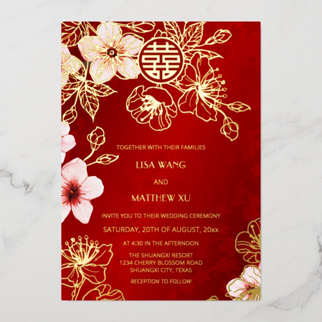 Red Gold Cherry Blossom Chinese Wedding Foil Invitation (Front)