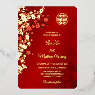 Red Gold Cherry Blossom Chinese Wedding Foil Invitation