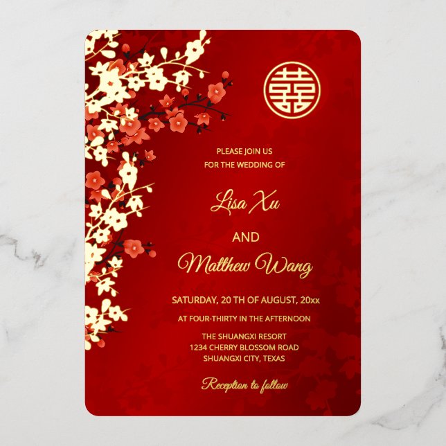 Red Gold Cherry Blossom | Chinese Wedding Foil Invitation (Front)