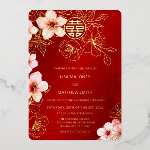 Red Gold Cherry Blossom Chinese Wedding Foil Invitation