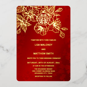 Red Gold Cherry Blossom Chinese Wedding Foil Invitation