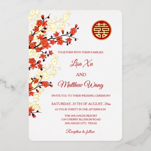 Red Gold Cherry Blossom  Chinese Wedding Foil Invitation