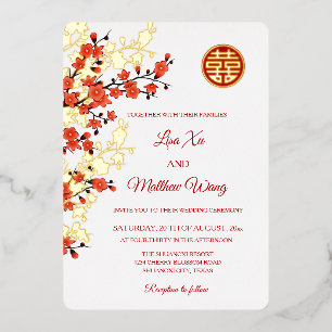 Red Gold Cherry Blossom   Chinese Wedding Foil Invitation