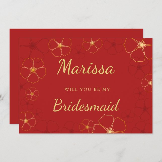 Red Gold Cherry Blossoms Bridesmaid Proposal Card (Front/Back)