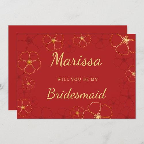 Red Gold Cherry Blossoms Bridesmaid Proposal Card