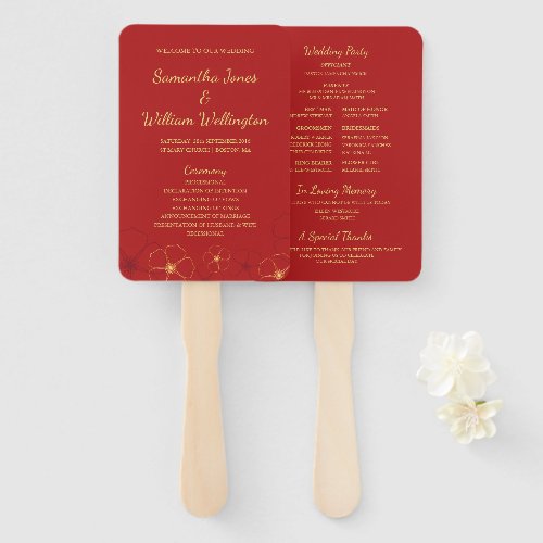 Red Gold Cherry Blossoms Fan Wedding Program