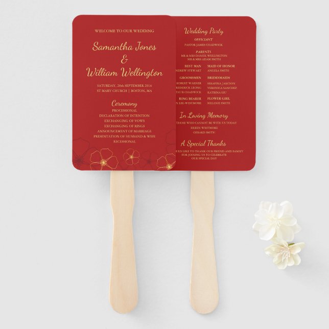 Red Gold Cherry Blossoms Fan Wedding Program (Front and Back)