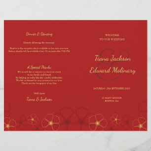 Red Gold Cherry Blossoms Folded Wedding Program