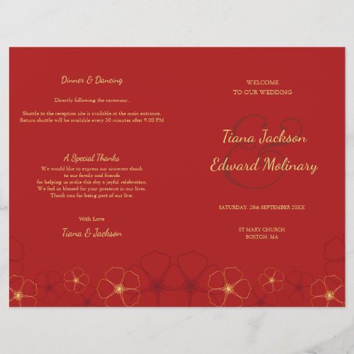 Red Gold Cherry Blossoms Folded Wedding Program