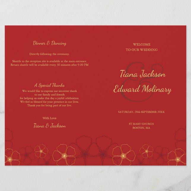 Red Gold Cherry Blossoms Folded Wedding Program (Front)