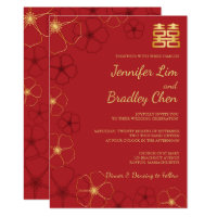 Red & Gold Cherry Blossoms Wedding Invitation Card