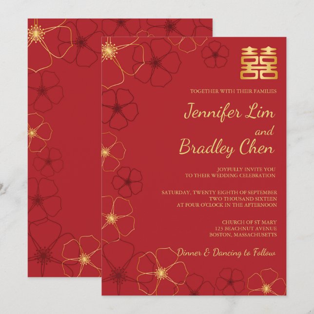 Red & Gold Cherry Blossoms Wedding Invitation Card (Front/Back)