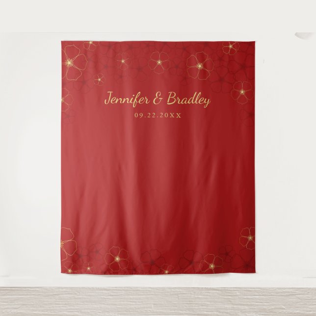 Red Gold Cherry Blossoms Wedding Photo Backdrop (Front)