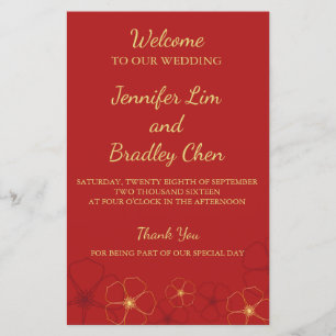 Red & Gold Cherry Blossoms Wedding Program Card