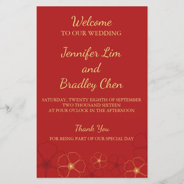 Red & Gold Cherry Blossoms Wedding Program Card (Front)