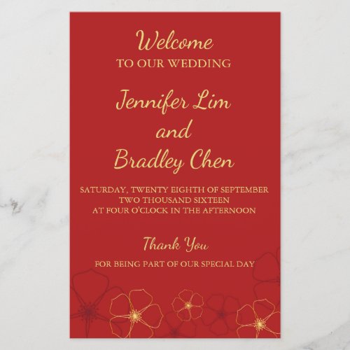 Red  Gold Cherry Blossoms Wedding Program Card