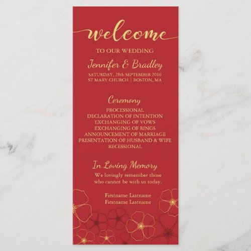 Red & Gold Cherry Blossoms Wedding Program Card