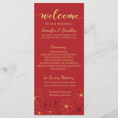 Red  Gold Cherry Blossoms Wedding Program Card
