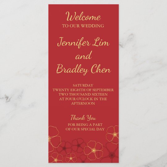 Red Gold Cherry Blossoms Wedding Reception Menu Zazzle Com