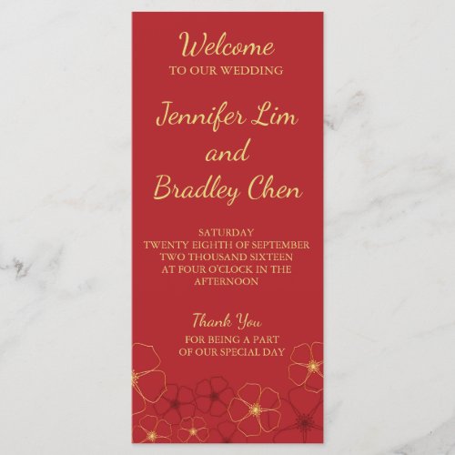 Red  Gold Cherry Blossoms Wedding Reception Menu