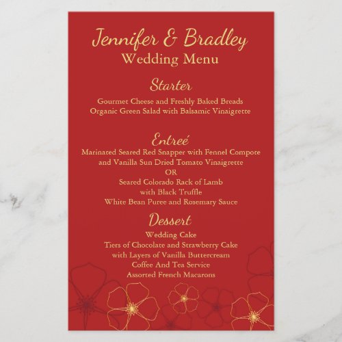 Red  Gold Cherry Blossoms Wedding Reception Menu