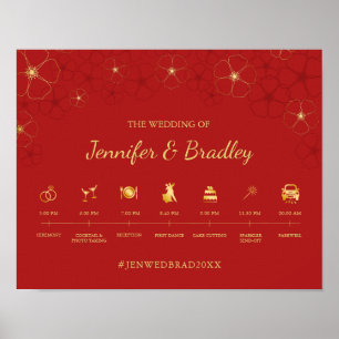 Red Gold Cherry Blossoms Wedding Timeline Sign