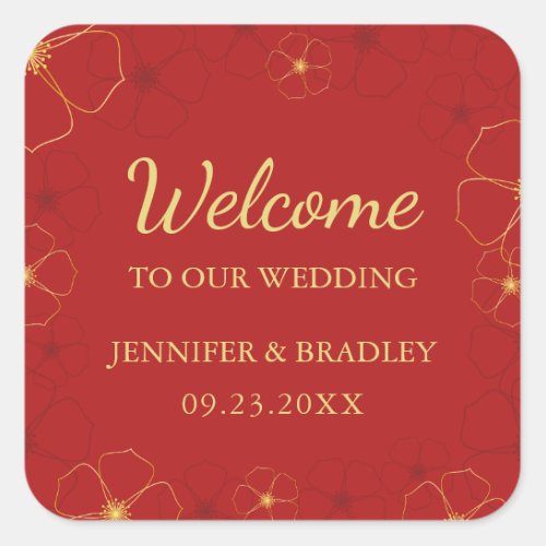 Red Gold Cherry Blossoms Wedding Welcome Bag Square Sticker