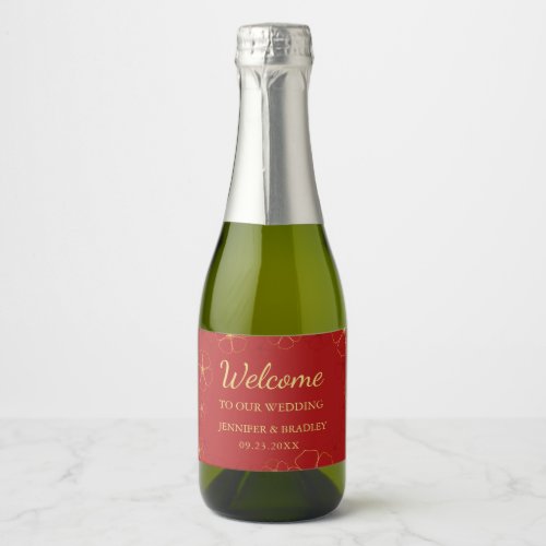 Red Gold Cherry Blossoms Wedding Welcome Sparkling Wine Label